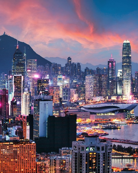 Nightscape of the skyscrapers in Hong Kong.